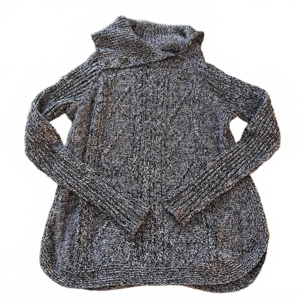 CROFT & BARROW Wms SZ L Button Collar Cable Knit Black/White Long Sleeve Sweater